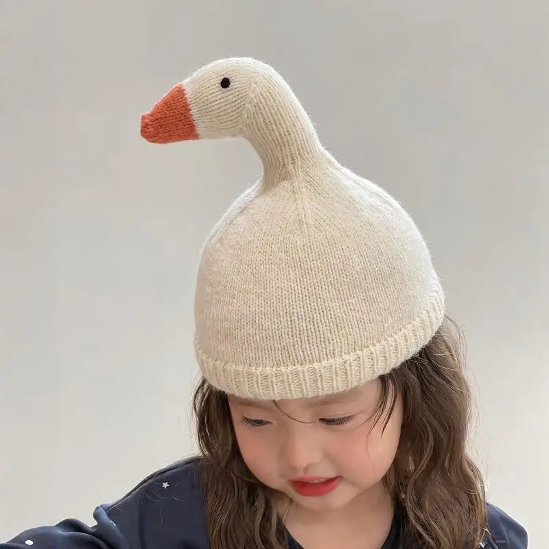 Beige duck knit beanie close-up