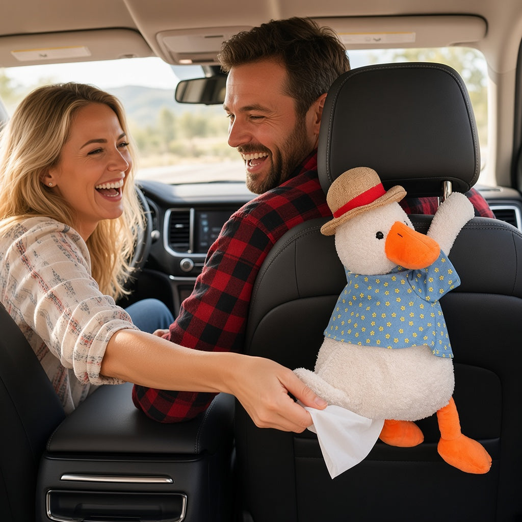 Duck tissue holder on a car headrest
