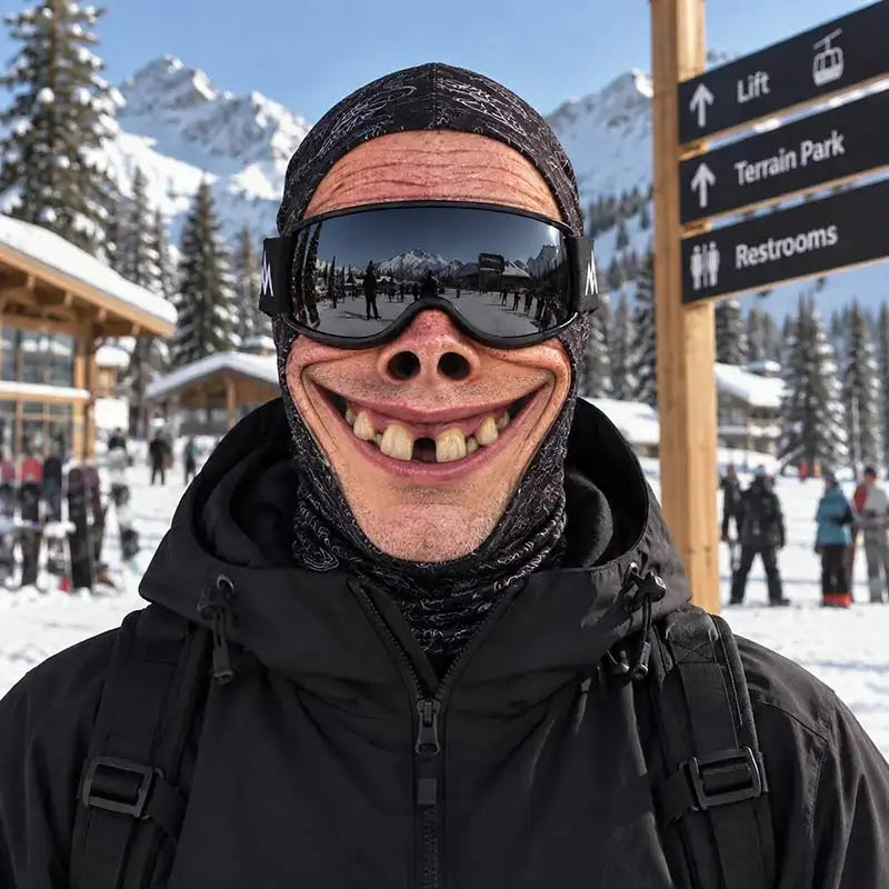 Old man face mask on the ski slope