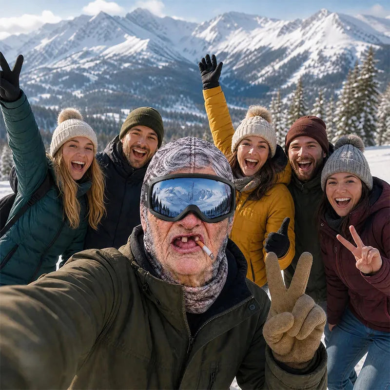 Friends wearing funny old man ski mask