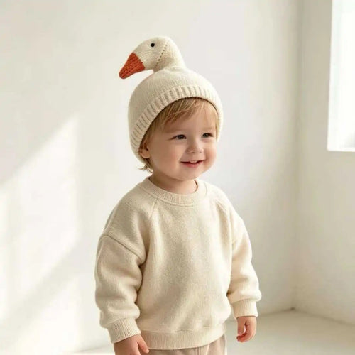 White duck knit beanie, worn