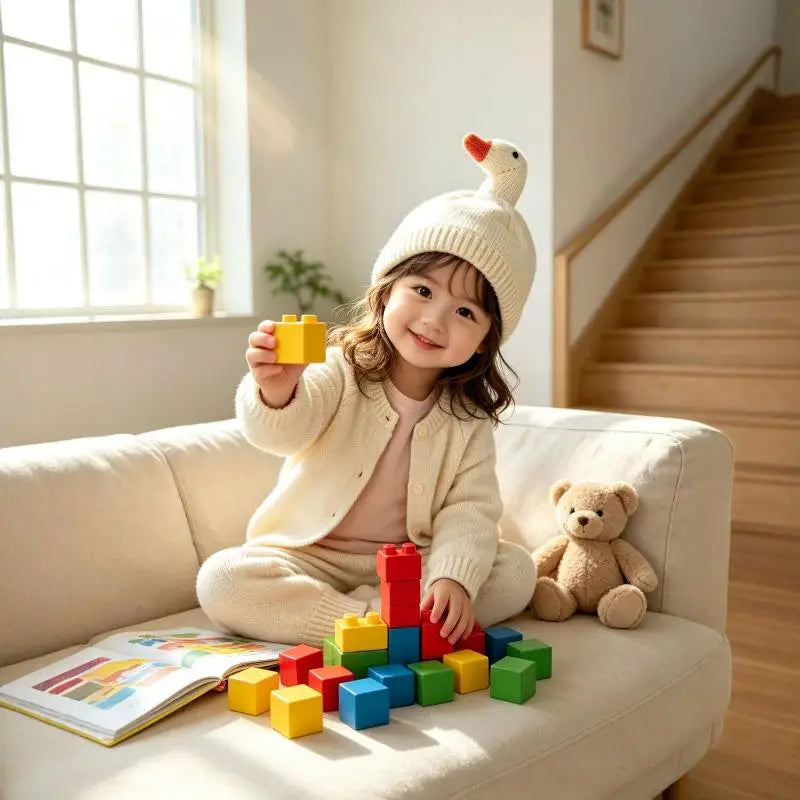 Duck knit beanie, worn on a sofa