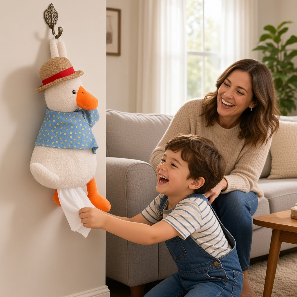 Duck tissue holder hanging at home