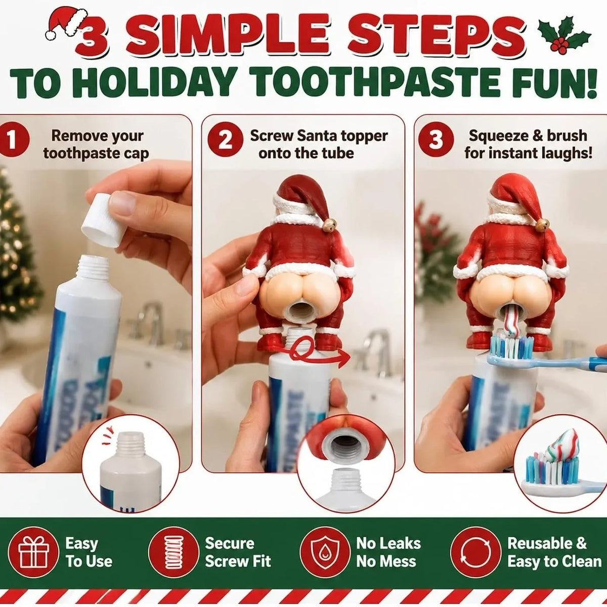 3 simple steps to use the Santa toothpaste topper