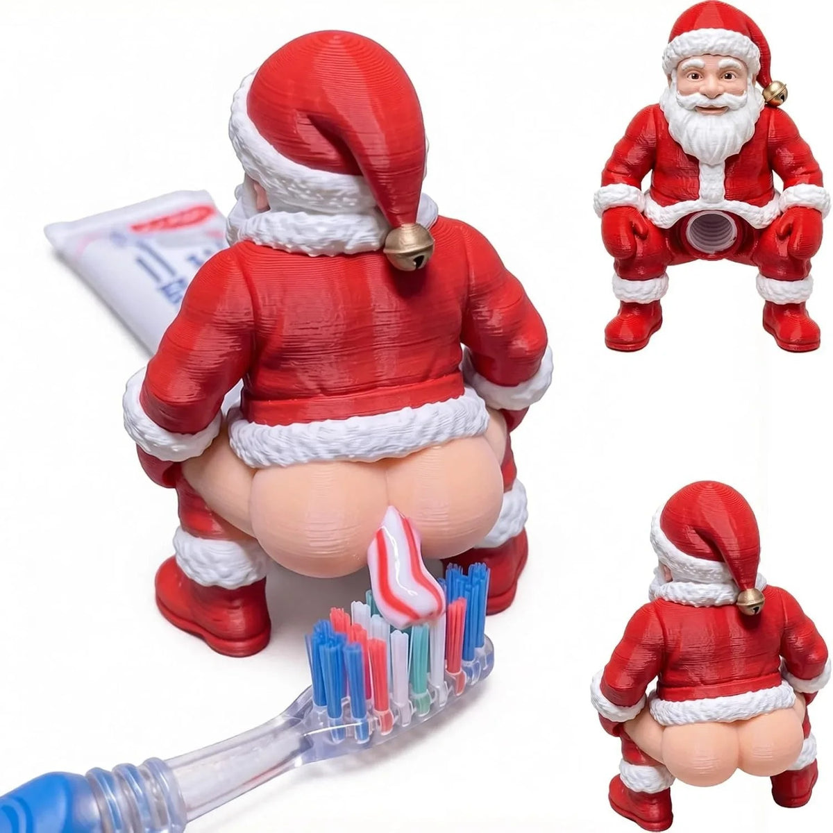Cheeky Santa toothpaste squeezer on a tube with toothbrush